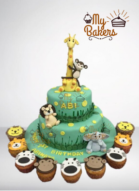 Cute Animals Theme Cake With Cupcakes