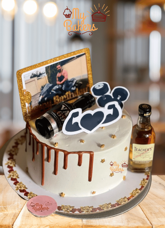 Delicious Gym Theme Photo Frame Cake With 2 Whisky Bottels