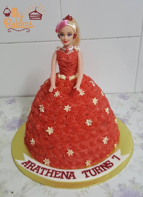 Barbie Doll In Red Theme Cake