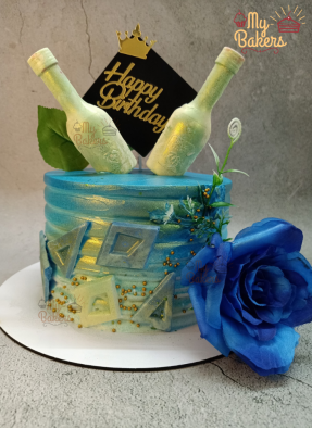 Blue Rose Theme Edible Bottles Birthday cake