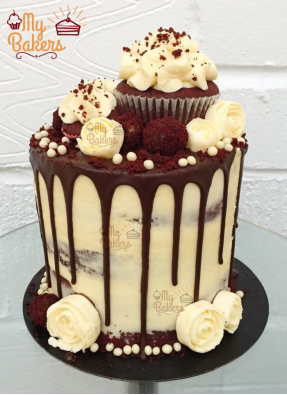 Chocolate White Roses Tall Cake With 1 Cup Cake