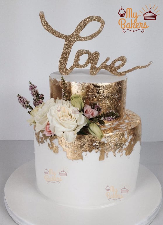 Love Theme With Golden Covering 2 Tier Cake