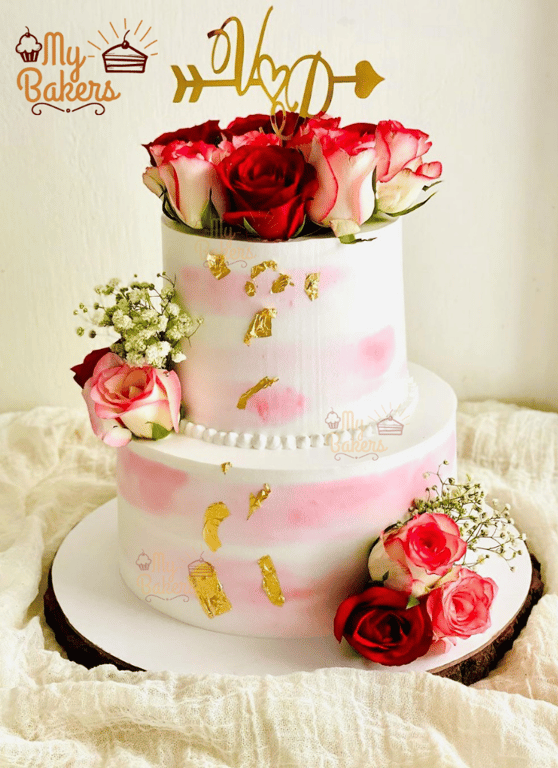 Rose Decorated 2 Tier Romantic Theme Cake