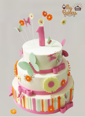 1st Birthday 3 Tier Flower Fondant Cake
