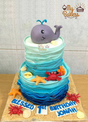 1st Birthday Sea Whale And Animals 2 Tier Cake