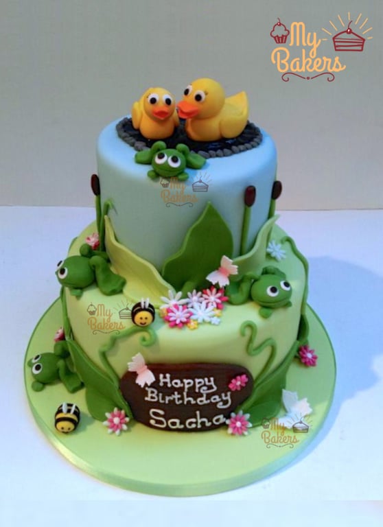 2 Tier Fondant Pond Theme Birthday Cake