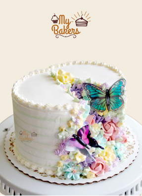 Delicious Vanilla Butterfly And Edible Flowers Cake