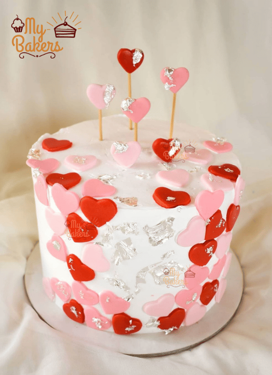 Delectable Pink And Red Heart Theme Cake