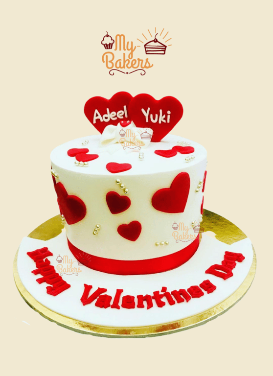 Happy Valentines Fondant Red Hearts Cake