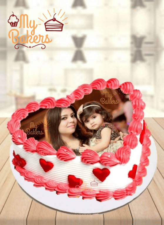 Heart Shape Mother Daughter Photo Cake