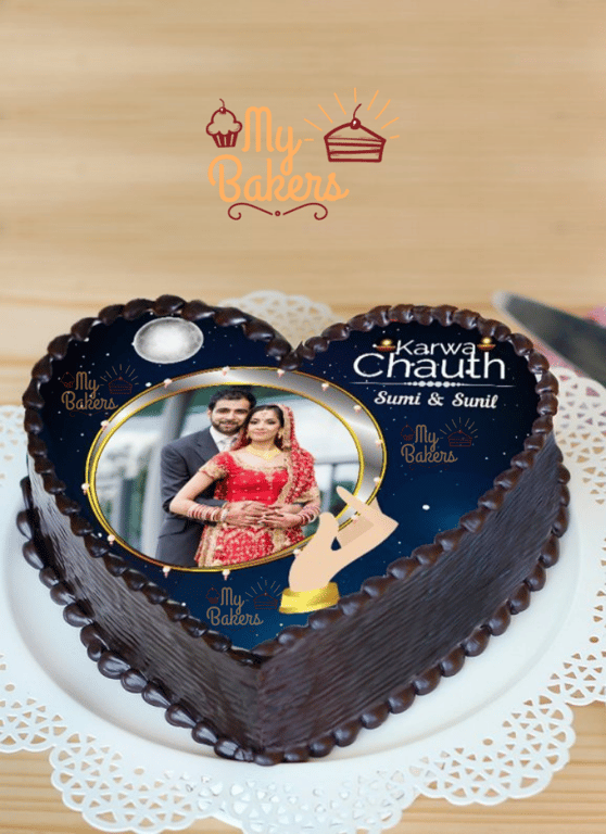 Karwa Chauth Photo Theme Heart Chocolate Cake