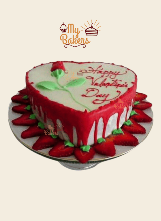 Rose Theme Strawberry Hearts Valentine Cake