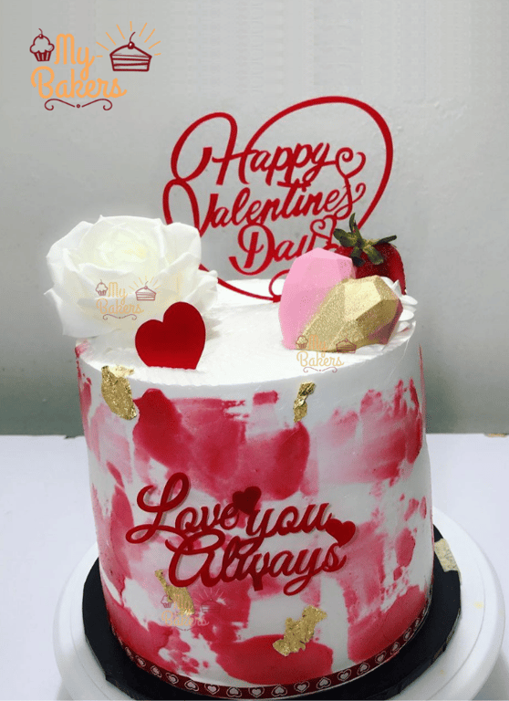 White Rose Strawberry Heart Valentines Cake