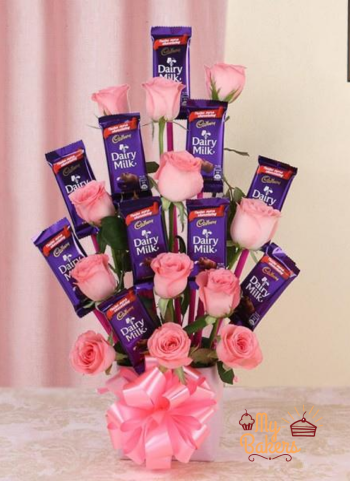Pink Roses And Dairy Milk Chocolate Bouquet