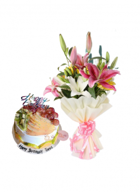 Asiatic Lily Bouquet with Lots of Mix Fruit Cake