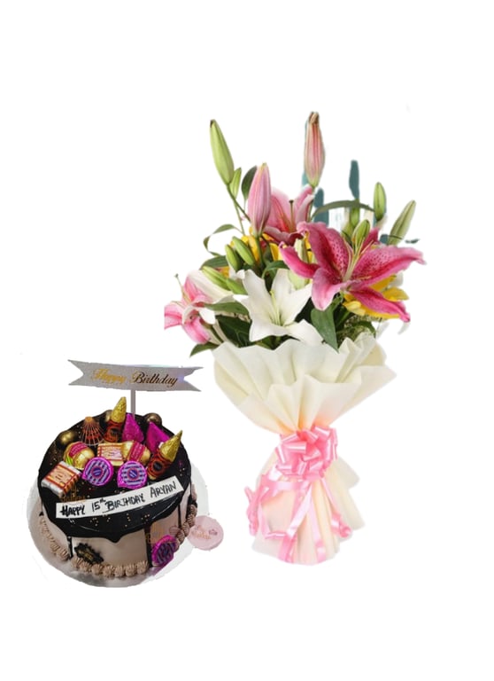 Asiatic Lily Bouquet with Special Birthday Cake