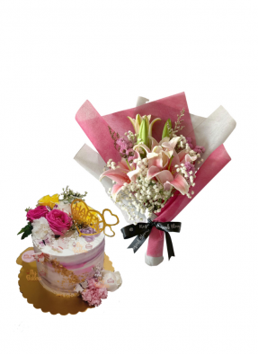 Baby Breath and Pink Lily Bouquet with Fresh Flowers Cake