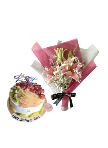 Baby Breath and Pink Lily Bouquet with Mix Fruit Cake