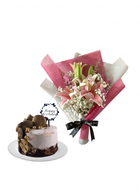 Baby Breath and Pink Lily Bouquet with Special Birthday Cake