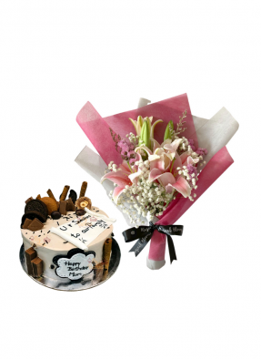 Baby Breath and Pink Lily Bouquet with Special Cake for Mom