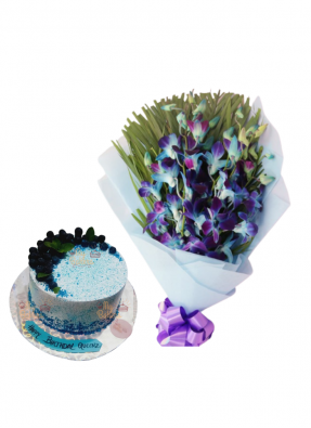 Blue Orchid Bouquet with Blue Berry Cake