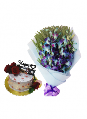 Blue Orchid Bouquet with Flower Cake