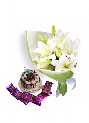 Easter Lily Bouquet with Chocolate Birthday Cake and Chocolate