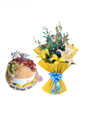 Lily and Orchid Bouquet with Mix Fruit Cake