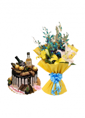 Lily and Orchid Bouquet with Whiskey Cake