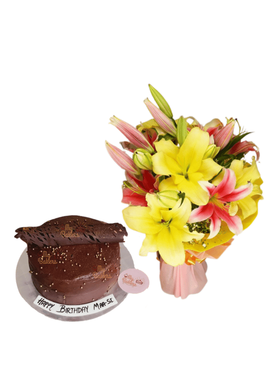 Pink and Yellow Lily Bouquet with Chocolate Cake