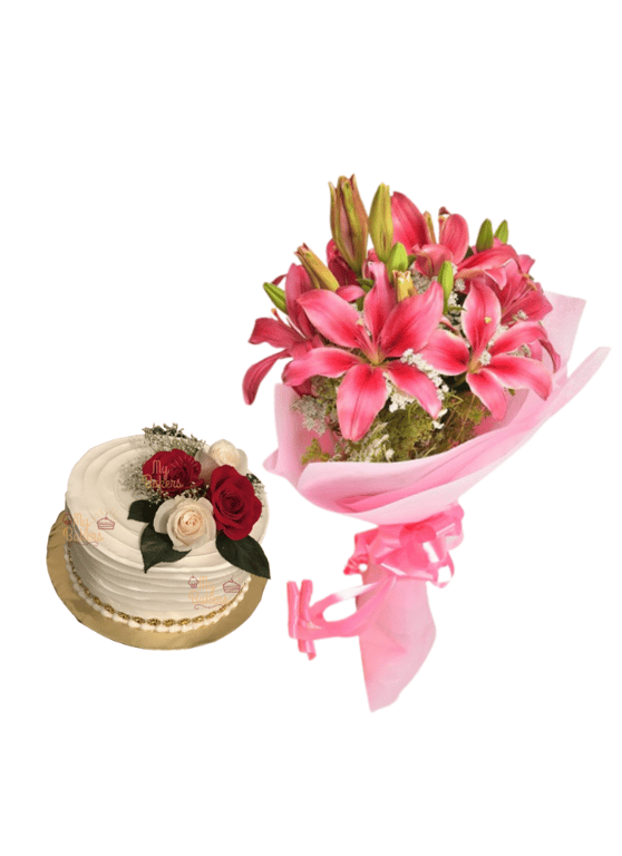 Pink Love Lily Bouquet with Cake for Loved