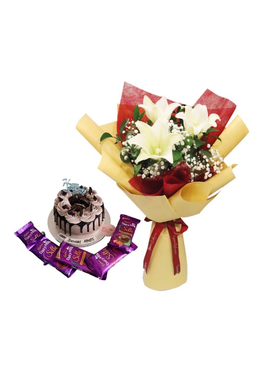 White Lily Bouquet with Chocolate Birthday Cake and Chocolate