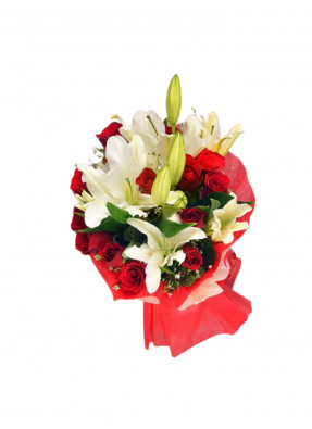 White Lily and Red Rose Bouquet