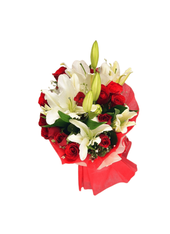 White Lily and Red Rose Bouquet