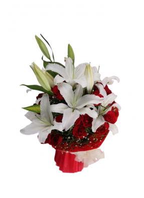 White Lily and Red Roses Bouquet