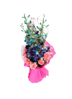 Blue Orchid and Pink Rose Bouquet