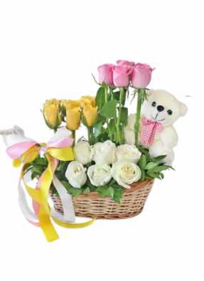 Teddy with Mix Roses Basket