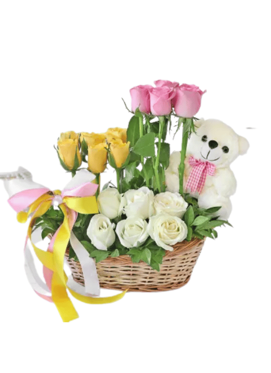 Teddy with Mix Roses Basket