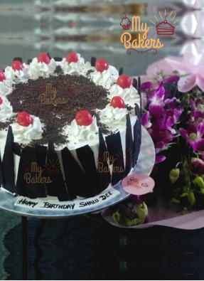 Black Forest Cake Decorated with Cherry and Fresh Orchid Flower Combo