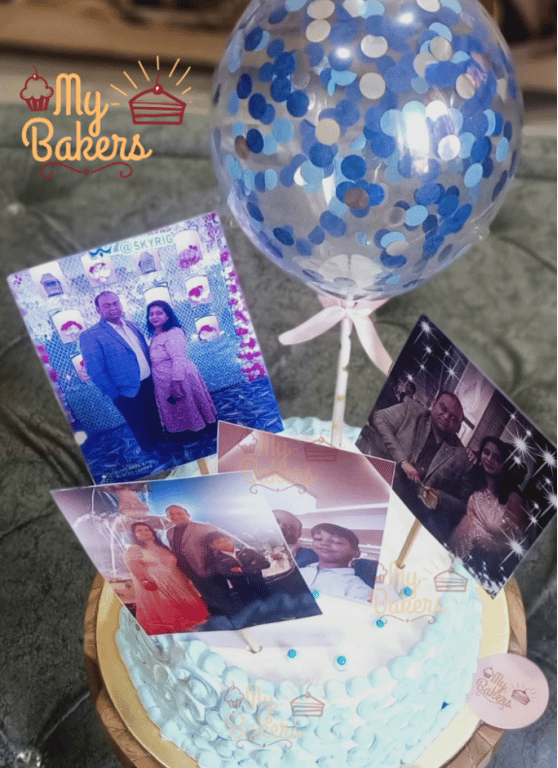 Blue Designer Cake Decorated with Photo and Balloon Topper