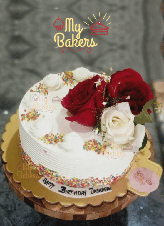 Swirl Cake Decorated with Fresh Roses and Multicolour Ball Sprinkles