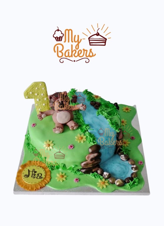 Jungle with River Flowing Theme 1st Birthday Cake