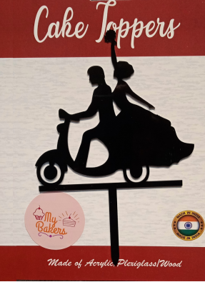 Bride And Groom On Scooter Black Acrylic Topper 6 inch Pack of 1