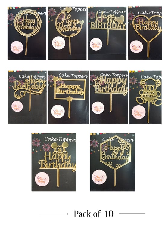 Happy Birthday Combo Gold Mirror Acrylic Topper 5 inch Pack of 10