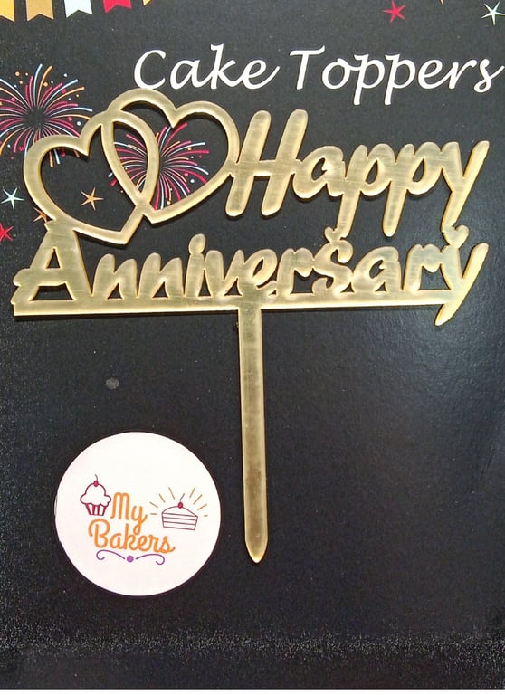 Happy Anniversary Dual Side Heart Gold Mirror Acrylic Topper 5 inch Pack of 1