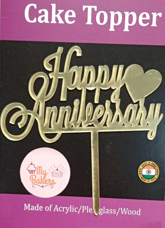Happy Anniversary Heart Gold Mirror Acrylic Topper 6 inch Pack of 1