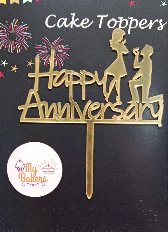 Happy Anniversary Proposing Couple Gold Mirror Acrylic Topper 5 inch Pack of 1