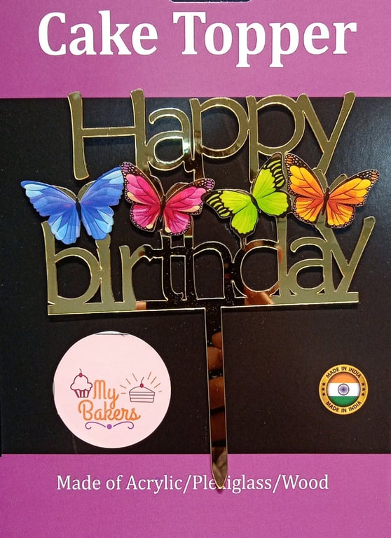 Happy Birthday Butterfly Golden Acrylic Topper 6 inch Pack of 1