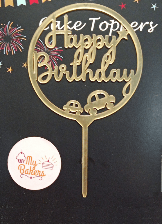 Happy Birthday Cars In Circle Golden Acrylic Topper 5 inch Pack of 1