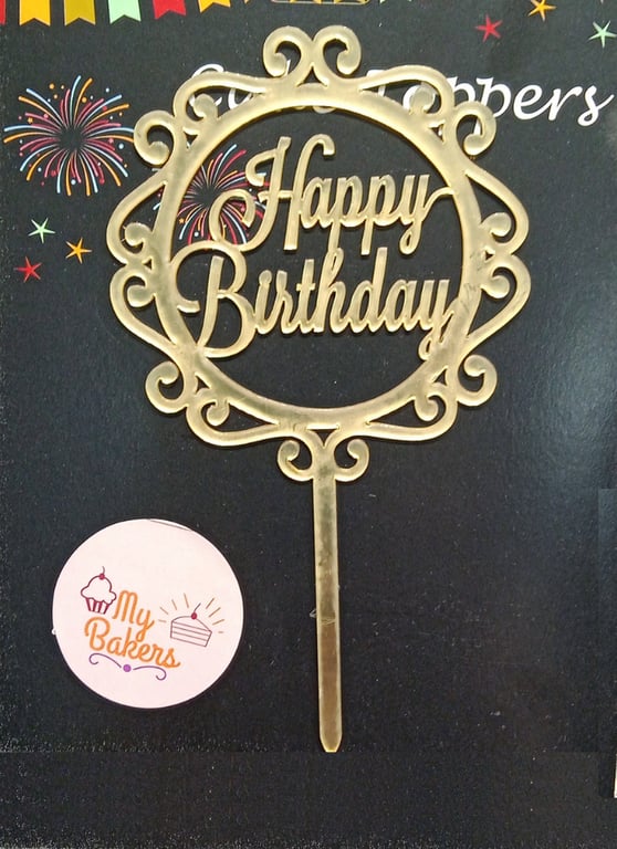 Happy Birthday Design Circle Gold Mirror Acrylic Topper 5 inch Pack of 1